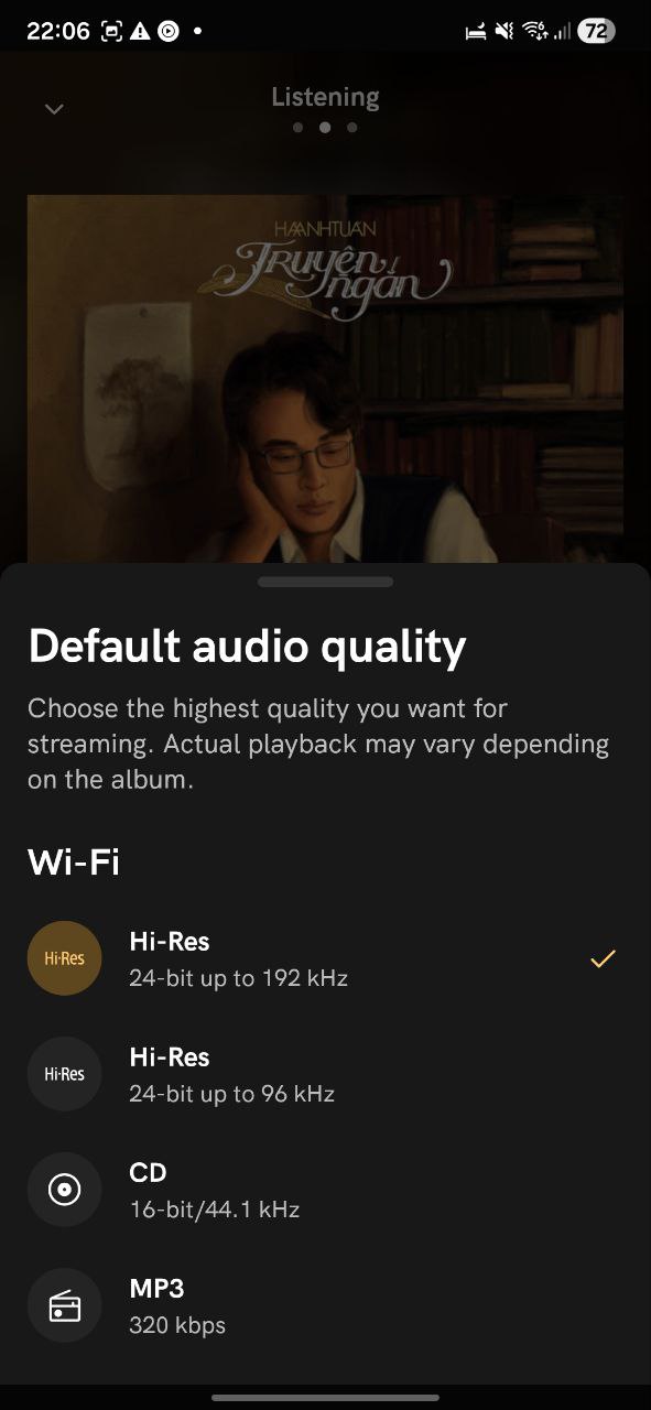 Có thể lựa chọn chất lượng stream nhạc