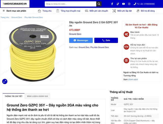 Giá dây nguồn Ground Zero 2Ga tại Đăng Vũ Car Audio